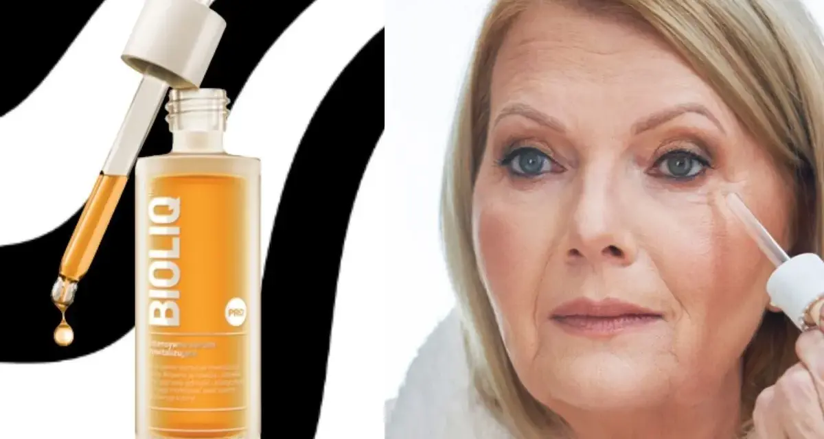 Butelka serum Bioliq PRO i starsza kobieta aplikująca kosmetyk pod oczy.