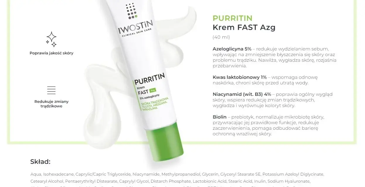 Krem Iwostin Purritin FAST Azg w białej tubce z zielonym akcentem, obok opisu działania.
