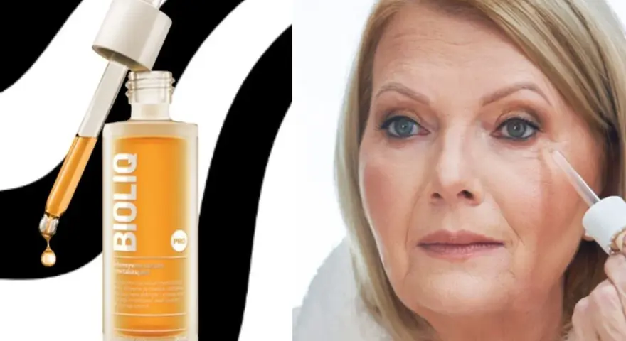 Butelka serum Bioliq PRO i starsza kobieta aplikująca kosmetyk pod oczy.