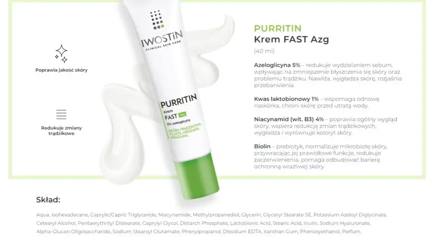 Krem Iwostin Purritin FAST Azg w białej tubce z zielonym akcentem, obok opisu działania.